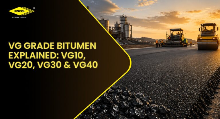 Road construction equipment laying a new asphalt pavement at sunset, illustrating the application of VG Grade Bitumen. A black and yellow HINCOL graphic highlights the title “VG Grade Bitumen Explained: VG10, VG20, VG30 & VG40.”