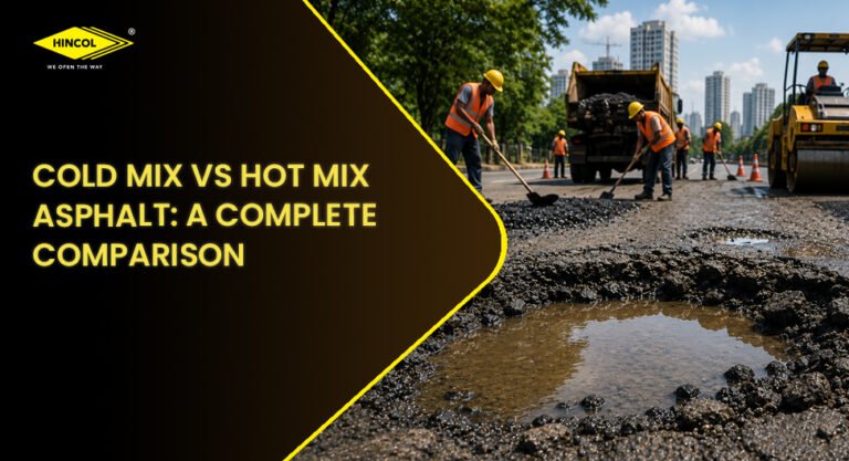 Road repair crew working on asphalt pavement near a pothole, illustrating the comparison between cold mix and hot mix asphalt technologies.