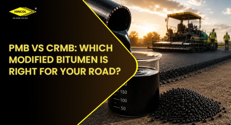 Polymer-modified and crumb rubber modified bitumen materials displayed alongside active road paving equipment, illustrating a comparison of PMB and CRMB for pavement construction.