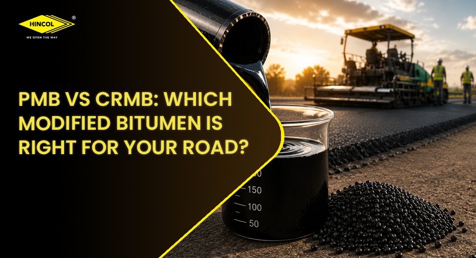 Polymer-modified and crumb rubber modified bitumen materials displayed alongside active road paving equipment, illustrating a comparison of PMB and CRMB for pavement construction.