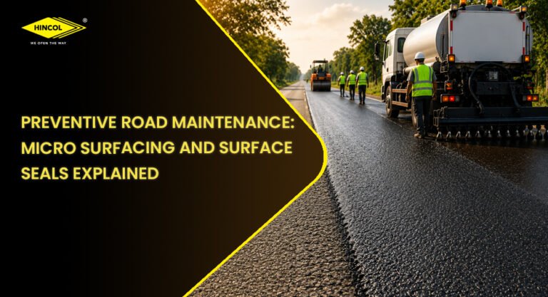 Road maintenance vehicle applying a protective surface treatment to an asphalt pavement as part of preventive maintenance.