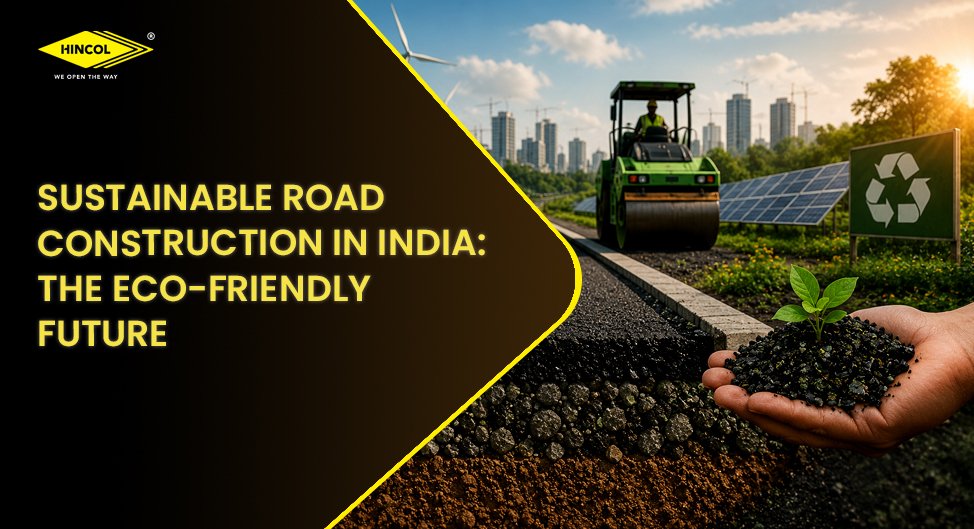 Eco-friendly road construction scene featuring recycled asphalt, renewable energy elements, and sustainable pavement development.